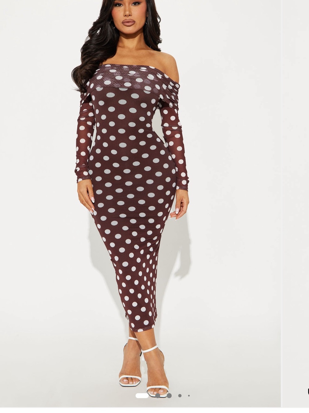Brown Polka Dot Off-Shoulder Midi Dress